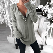 Fashion long sleeve v-neck solid color button T-shirt
