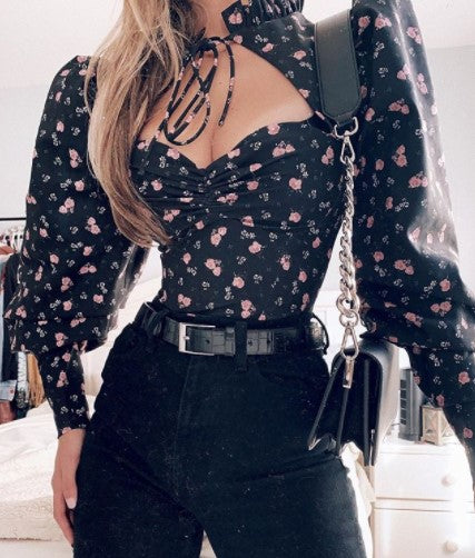 Sexy puff sleeve low-cut  long-sleeved floral printed T-shirt bodysuit