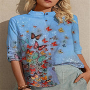 Fashion casual butterfly print stand-up collar single-breasted shirt