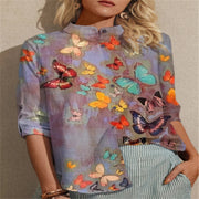 Fashion casual butterfly print stand-up collar single-breasted shirt