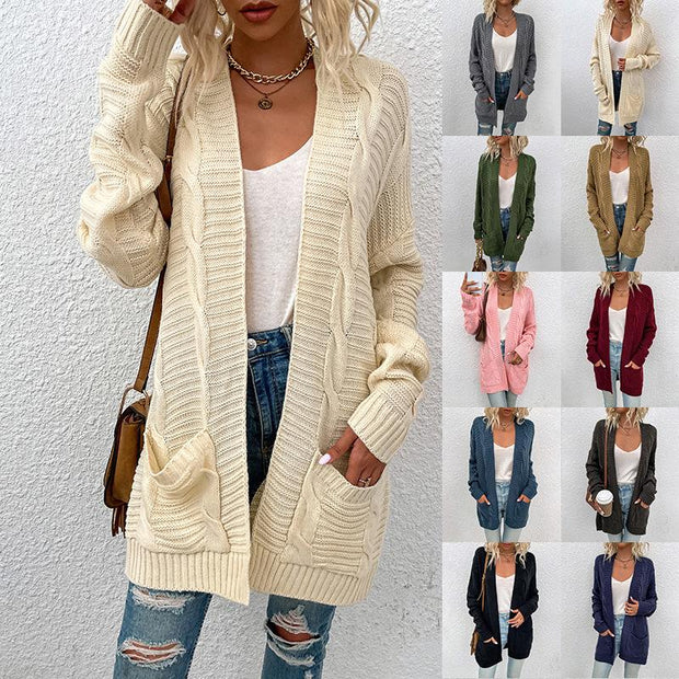 Mid-length twisted rope cardigan women's twist sweater