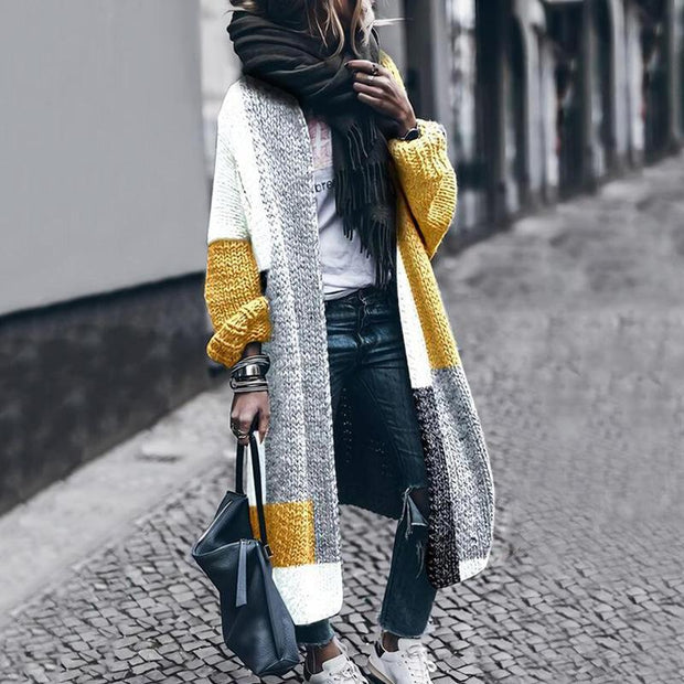 Contrasting color cardigan sweater fashion casual long wool coat