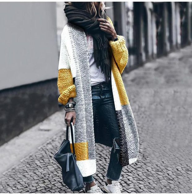 Contrasting color cardigan sweater fashion casual long wool coat