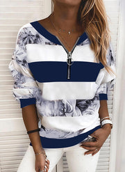 Fashion casual color printing V-neck street hipster pullover loose long-sleeved top