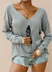 Fashion all-match loose V-neck long-sleeved feather print T-shirt women