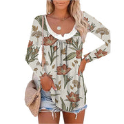Long sleeve printed fake two-piece bottoming shirt round neck pullover T-shirt