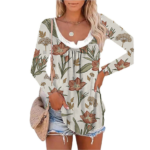 Long sleeve printed fake two-piece bottoming shirt round neck pullover T-shirt