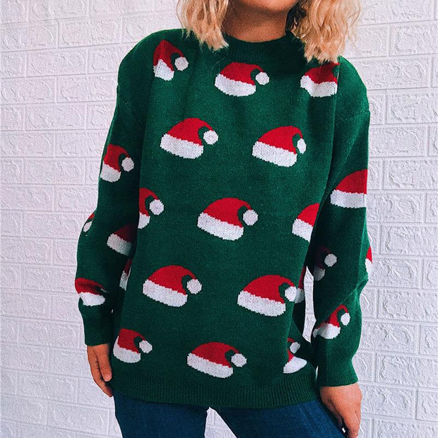 Christmas sweater round neck long sleeve new year Christmas hat knitted pullover women