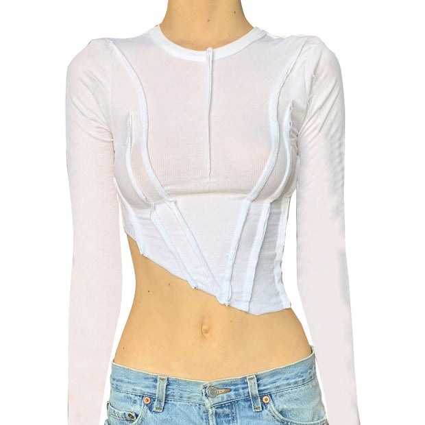 Round neck long-sleeved fashion folds temperament slimming navel t-shirt
