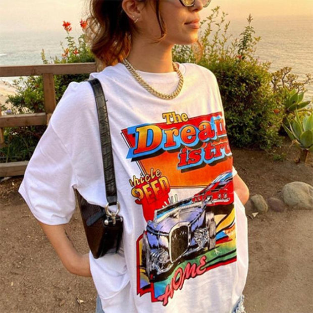 Fashion personality loose car print pullover round neck short sleeve t-shirt women