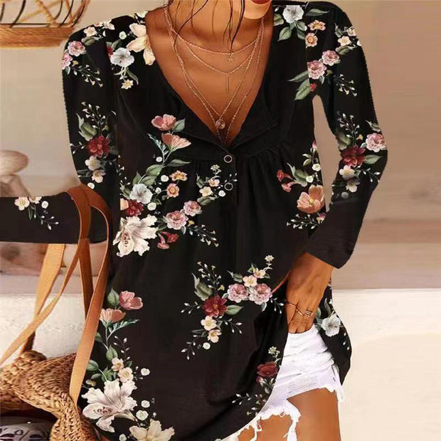 Printed V-neck button long-sleeved blouse T-shirt