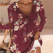 Printed V-neck button long-sleeved blouse T-shirt
