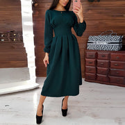 Long-sleeved solid-color waist big swing elegant mid-length dress women