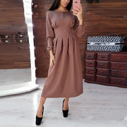 Long-sleeved solid-color waist big swing elegant mid-length dress women