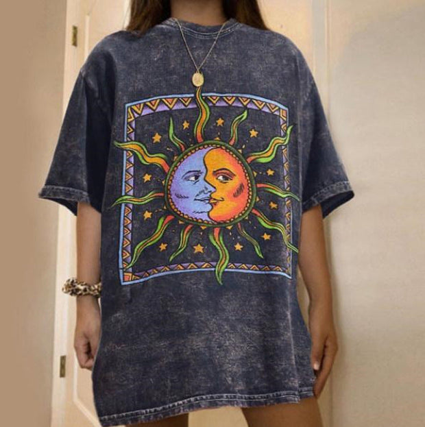 Fashion casual round neck short sleeve printed mid-length pullover women's T-shirt
