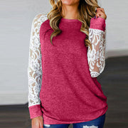 Fashion casual loose round neck stitching lace long sleeve T-shirt