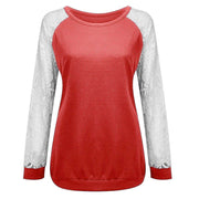 Fashion casual loose round neck stitching lace long sleeve T-shirt