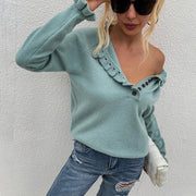 Knit sweater wooden ear button sweater blouse