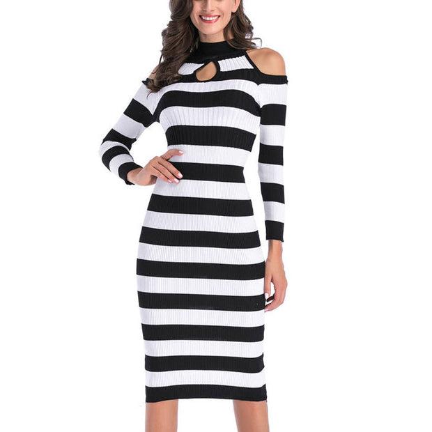 Fashion solid color striped slim mid-length knitted hip dress