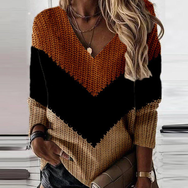 Fashion color matching V-shaped knitted sweater