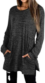 Round neck long sleeve pocket loose mid-length split sweater