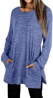 Round neck long sleeve pocket loose mid-length split sweater