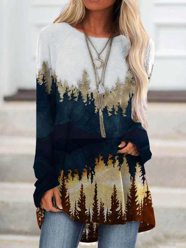 Fashion casual landscape print long-sleeved top pullover