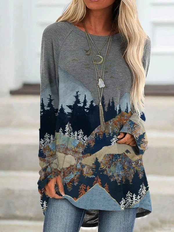 Fashion casual landscape print long-sleeved top pullover