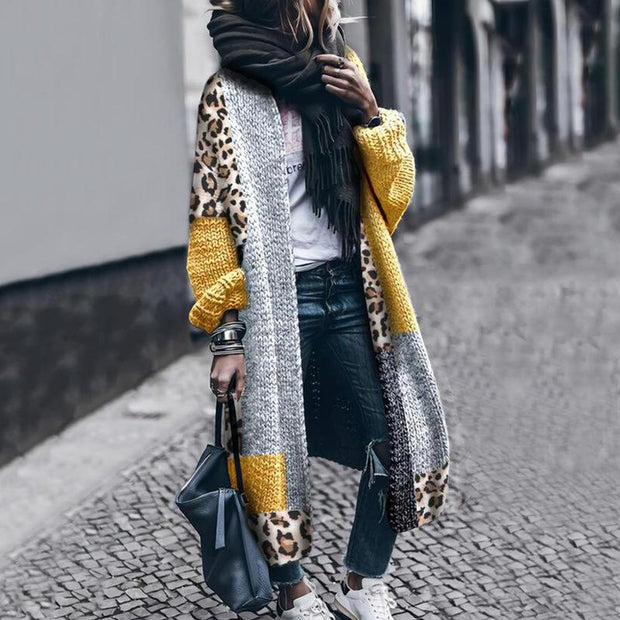 Fashion casual colorblock cardigan loose long-sleeved leopard print cardigan jacket