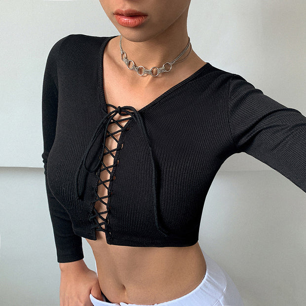 Fashion all-match solid color long-sleeved round neck strapless T-shirt