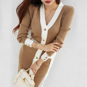 Knitted color matching lace dress temperament slim single breasted sweater women