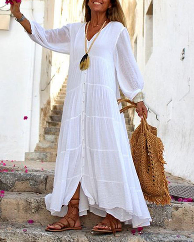 V-neck Loose Long Sleeved Cotton And Linen Dress