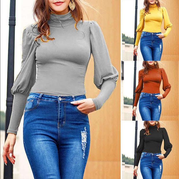Slim waist solid color bottoming shirt women's high-neck long-sleeved top