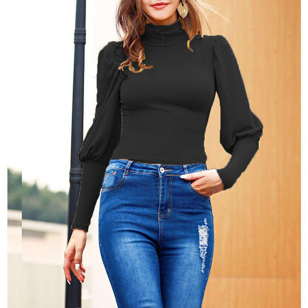 Slim waist solid color bottoming shirt women's high-neck long-sleeved top