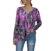 V-neck pleated Zou print long-sleeved plus size T-shirt top