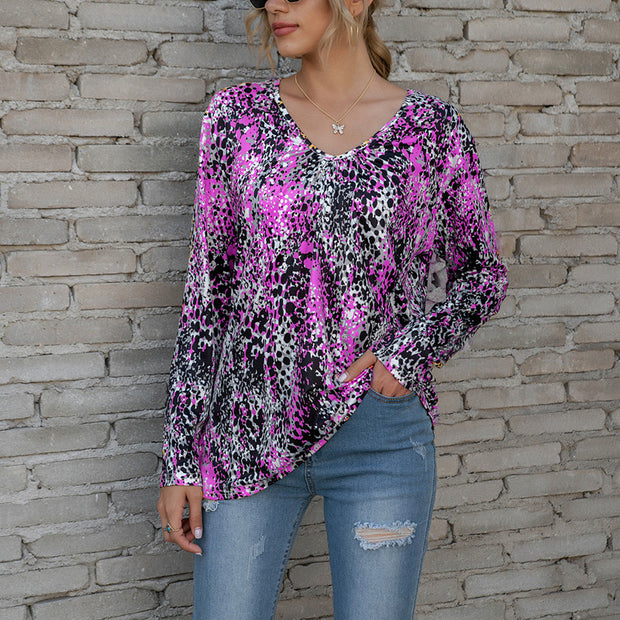 V-neck pleated Zou print long-sleeved plus size T-shirt top