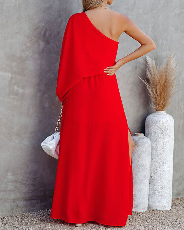 Slanted Neck Off Shoulder Side Slit Elegant Dress