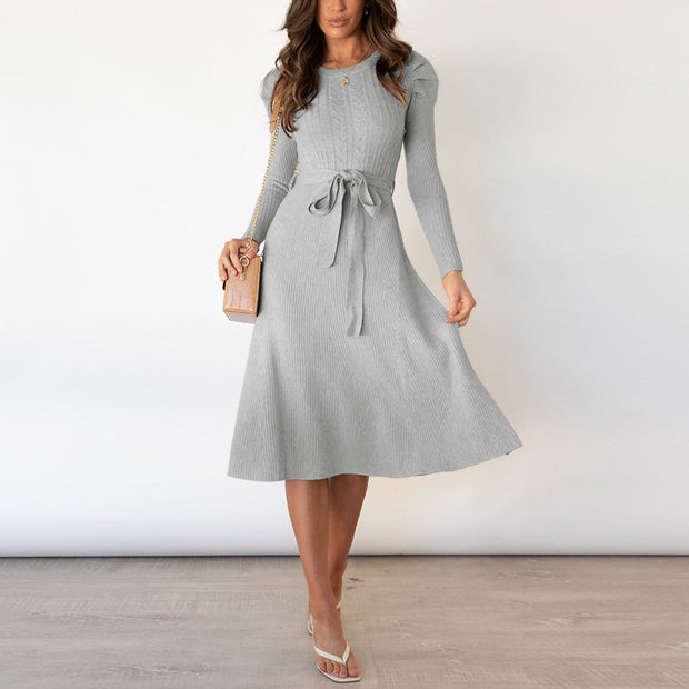 Mid-length bubble long-sleeved knitted skirt with a thin high-waist base sweater dress