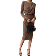 Fashion Slim Dress Women's Long Sleeve Solid Color Round Neck Cross Waist Waist Thin Midi Dress