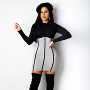Fashion sexy round neck long sleeves hit color stitching fashion knitted slim fit hip dress women