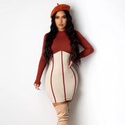 Fashion sexy round neck long sleeves hit color stitching fashion knitted slim fit hip dress women