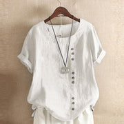 Retro plus size casual loose cotton and linen short-sleeved pullover T-shirt