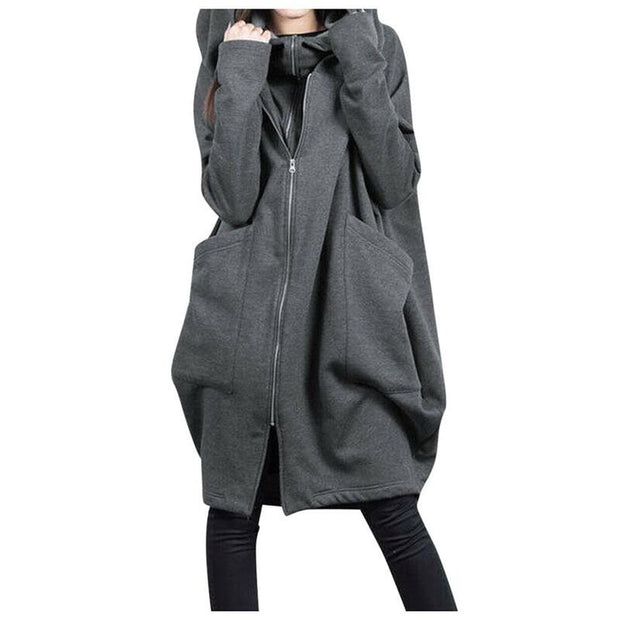 Solid color hooded pocket sweater zipper mid-length fake two loose coats