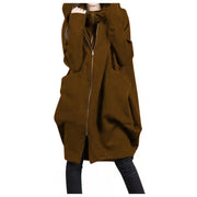 Solid color hooded pocket sweater zipper mid-length fake two loose coats