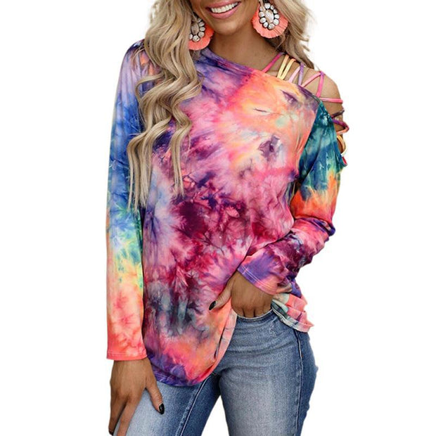 Fashion temperament tie-dye printing long-sleeved strapless sexy casual loose T-shirt women