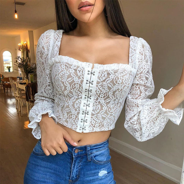 Fashion lace embroidered shirt with square neck sexy princess sleeve hollow halter top