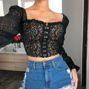 Fashion lace embroidered shirt with square neck sexy princess sleeve hollow halter top