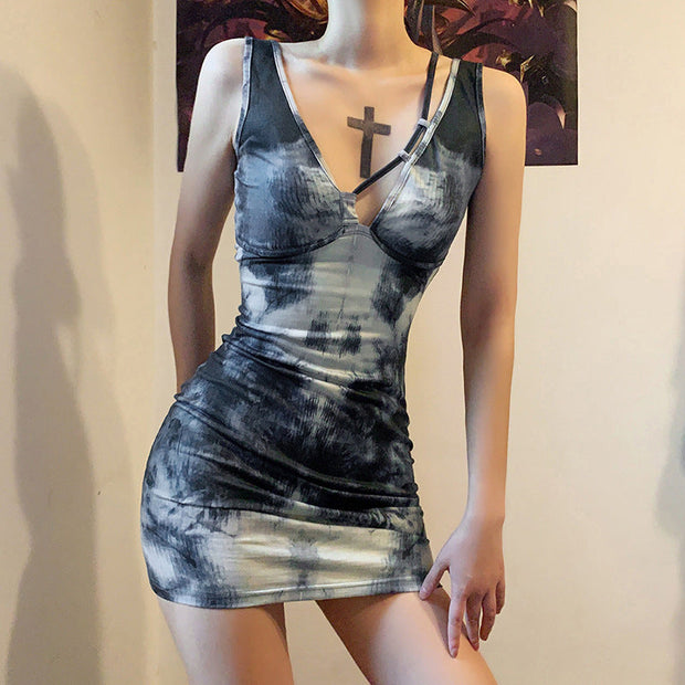 Digital printed sexy low-cut high-waist hip dress