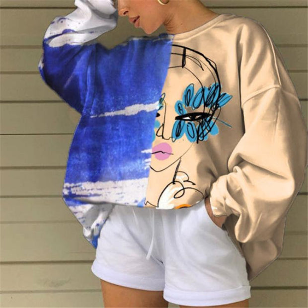 Fashion hand-painted printed long-sleeved round neck mid-length sweater