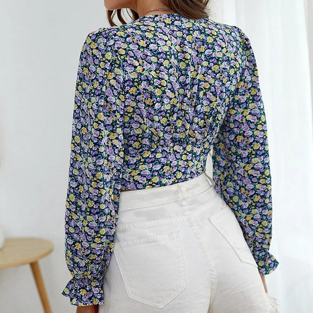 Floral ruffled long-sleeved shirt, floral waist, slimming shirt